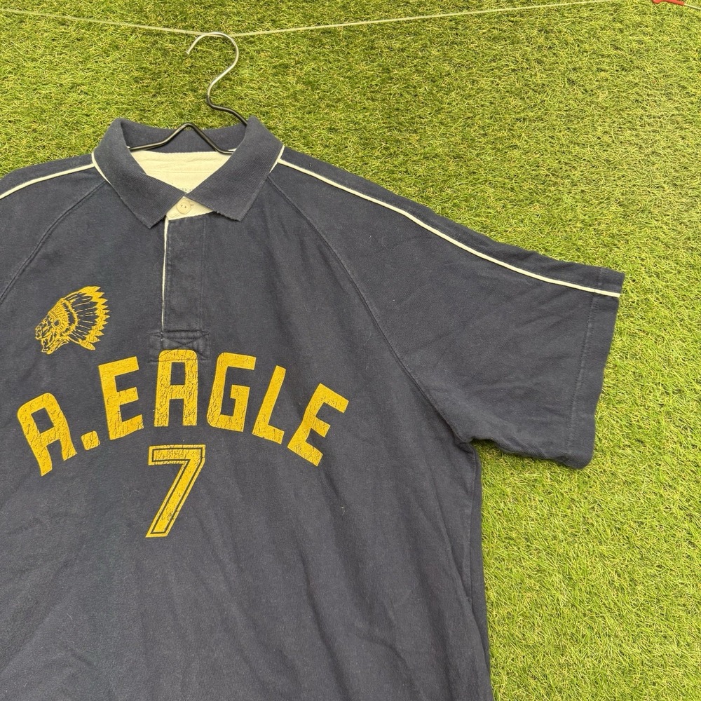 Vintage American Eagle Rugby Shirt Mens XL Blue Indian Head Collar Short Sleeve